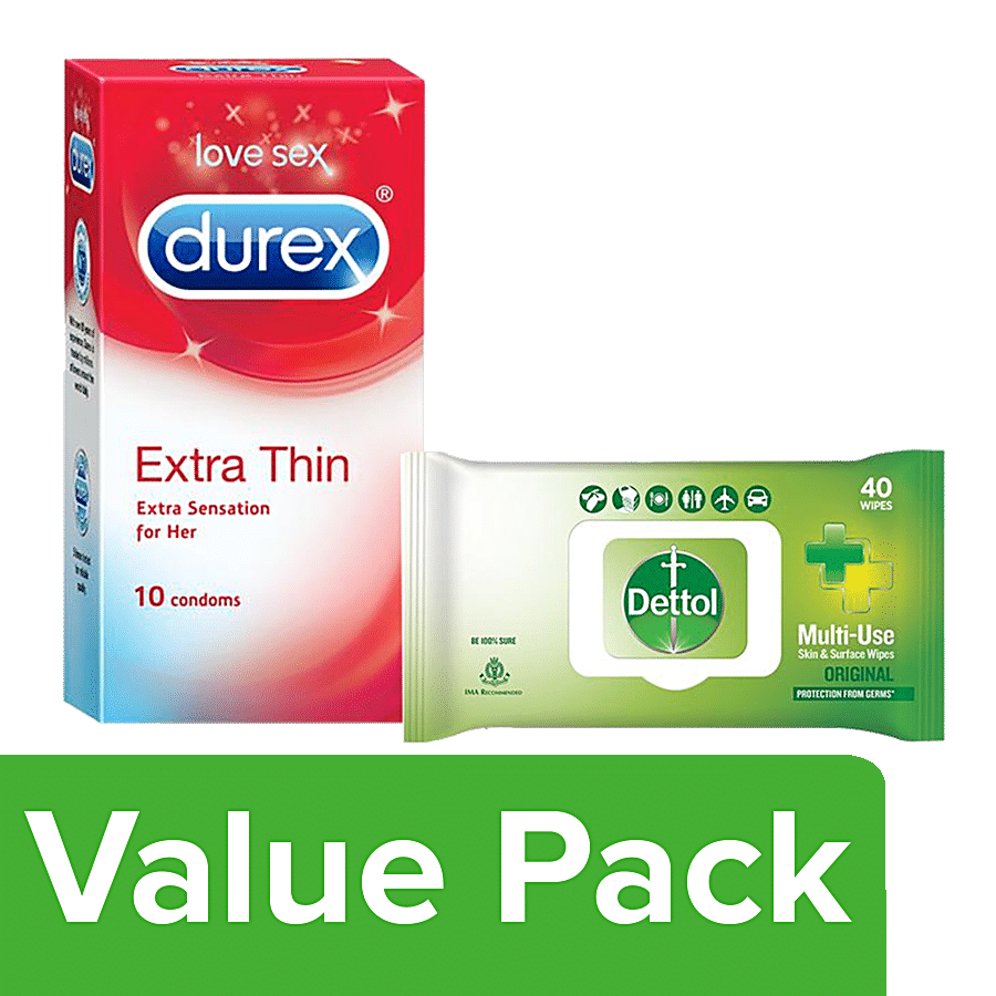 bb Combo Durex Extra Thin Condoms 10 pcs + Dettol Skin & Surface Wipes