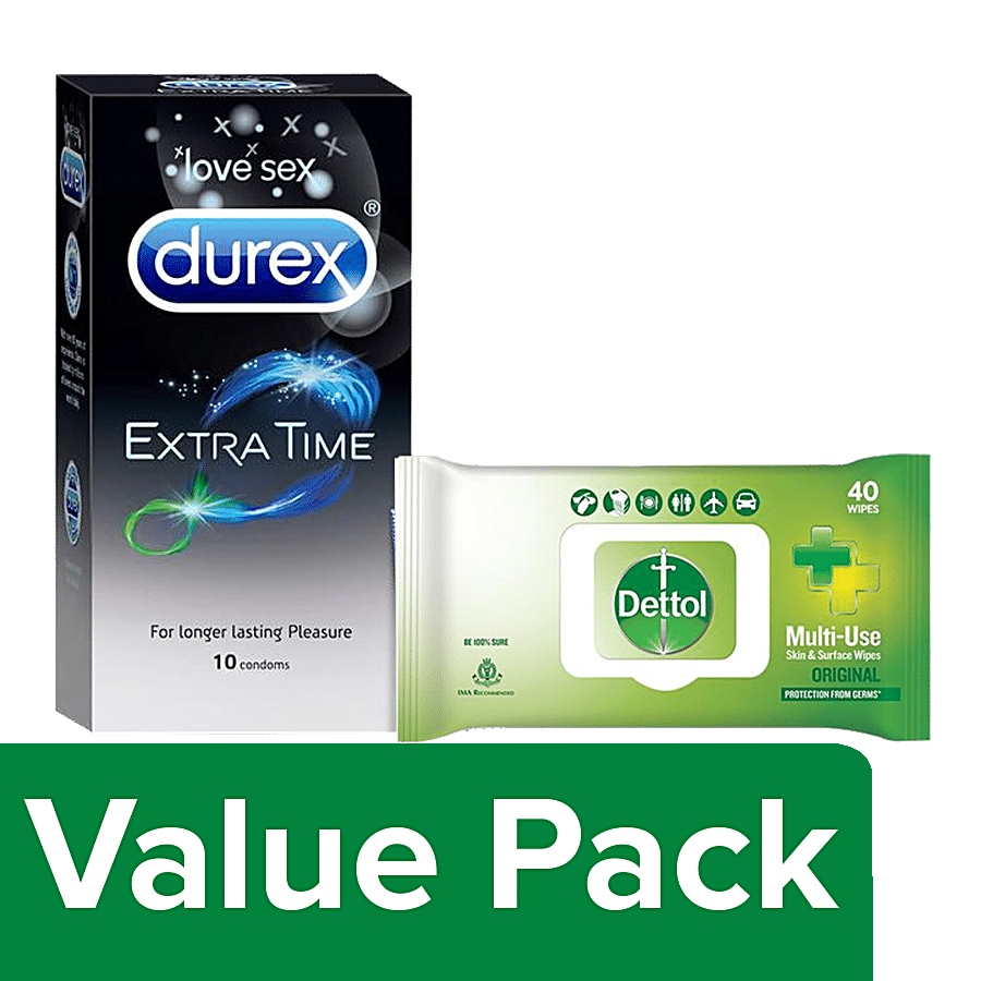 bb Combo Durex Extra Time Condoms 10 pcs + Dettol Skin & Surface Wipes