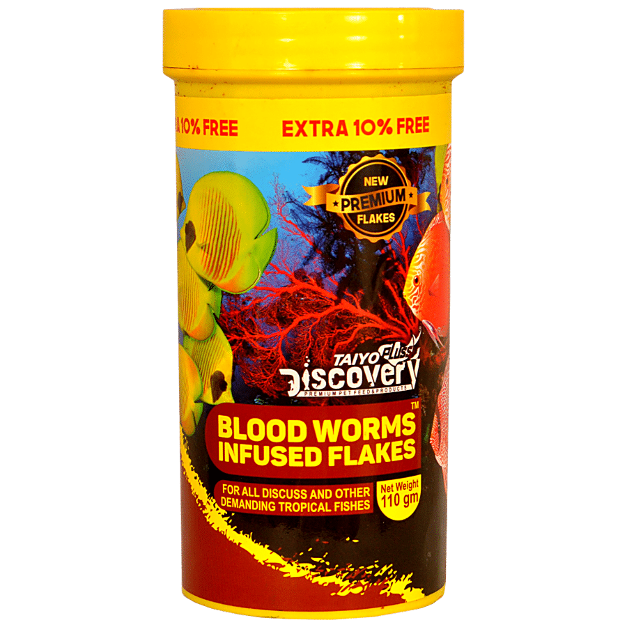 Taiyo Pluss Discovery Blood Worms Infused Flakes Fish Food - For Discuss & Tropical Breeds