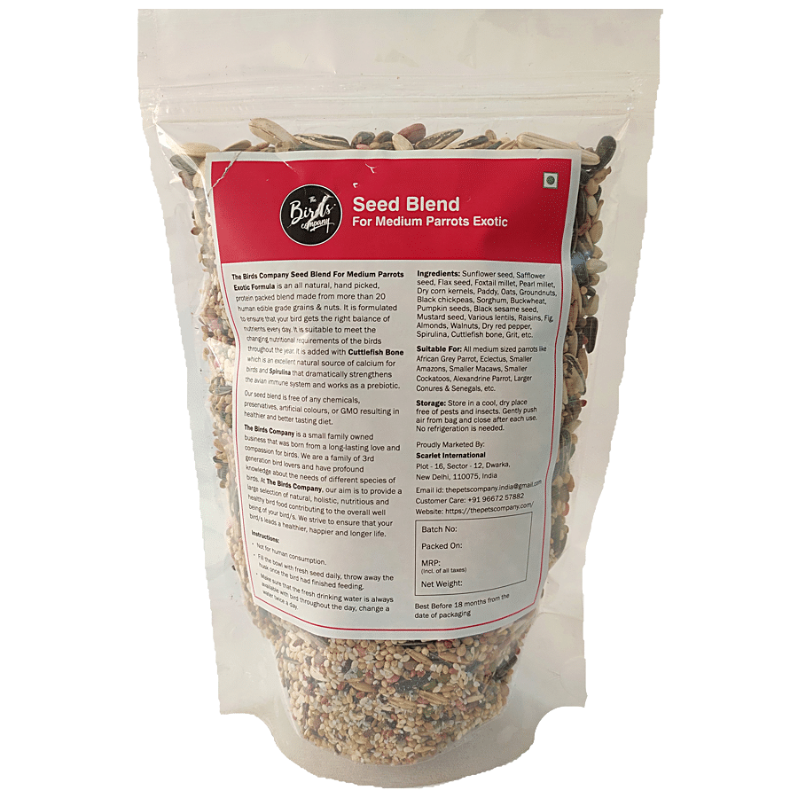 The Birds Company Bird Food - Exotic Seed Blend Of 20 Grains & Nuts With Spirulina & Cuttlefish Bone