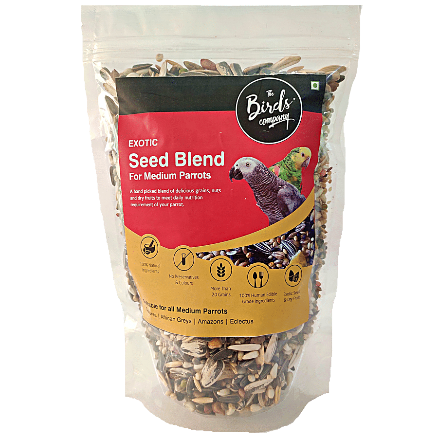 The Birds Company Bird Food - Exotic Seed Blend Of 20 Grains & Nuts With Spirulina & Cuttlefish Bone