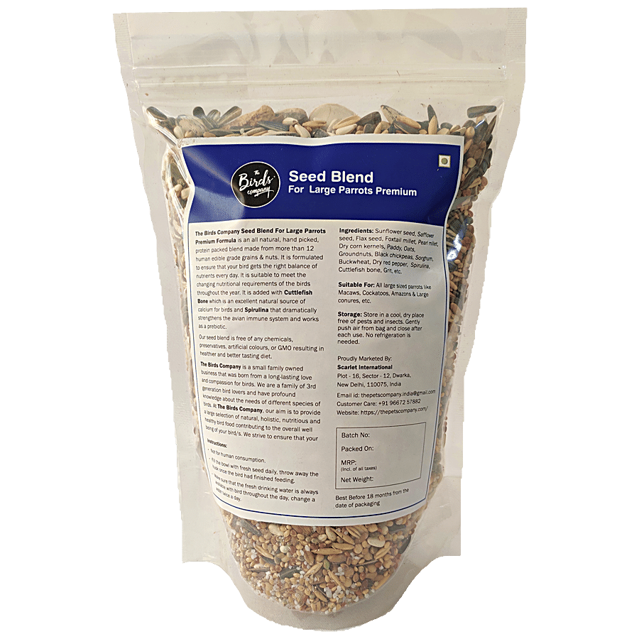 The Birds Company Bird Food - Premium Seed Blend Of 12 Grains & Nuts With Spirulina & Cuttlefish Bone