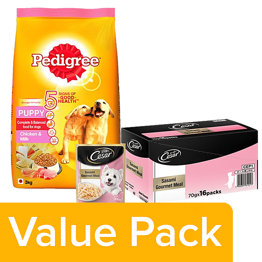 bb Combo Pedigree Chicken & Milk (Puppy) 3kg + Cesar Gourmet Meal (Adult) 70g 16 Packs