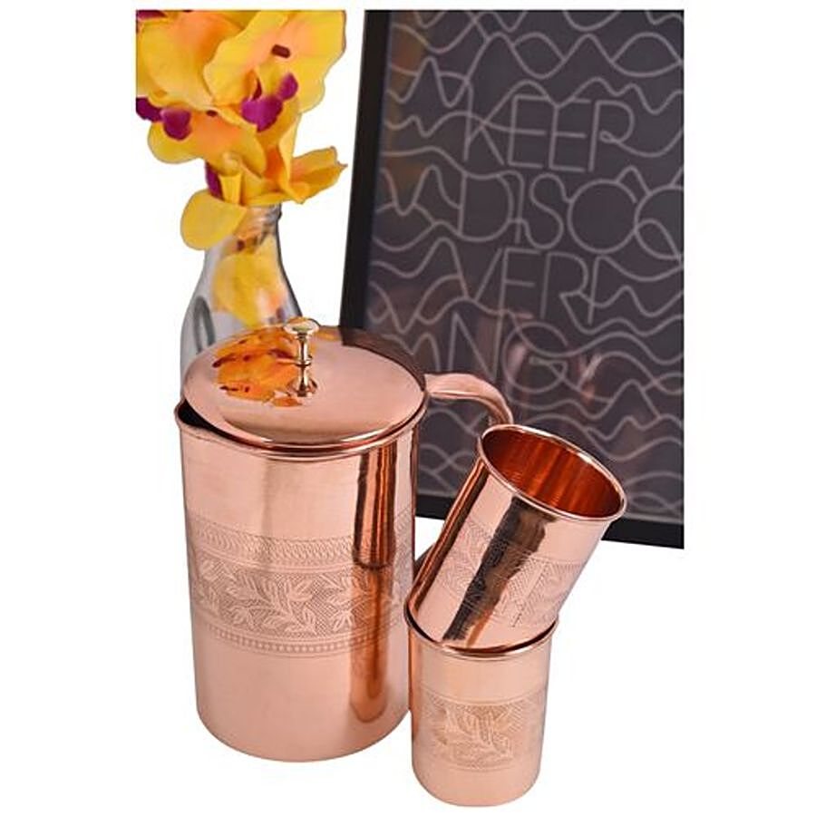 Frestol Copper Water Jug With Glass Set - Embossed