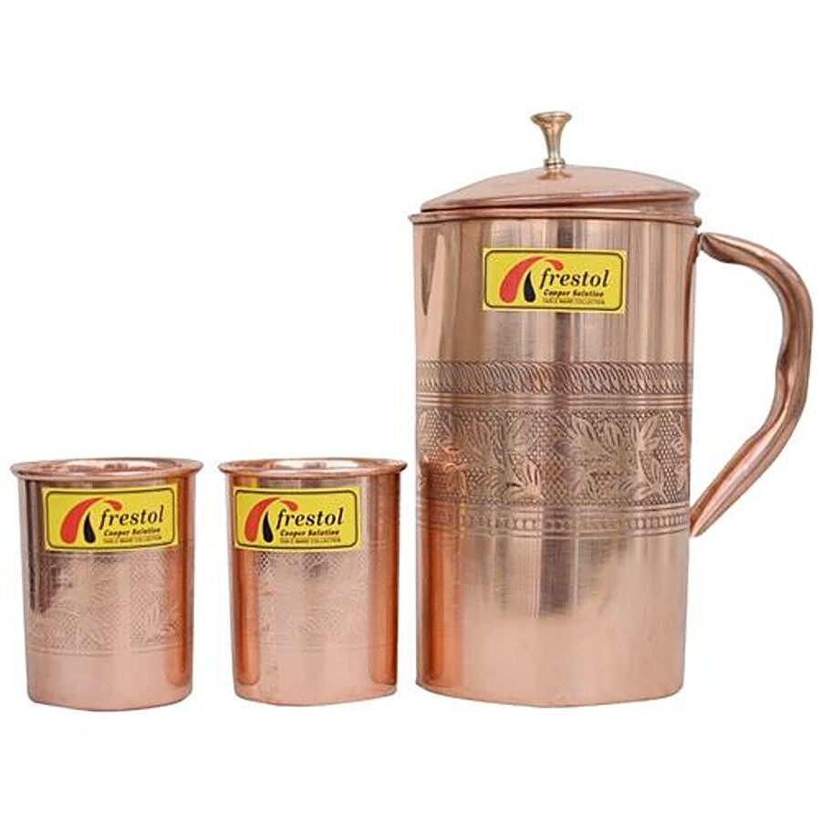 Frestol Copper Water Jug With Glass Set - Embossed