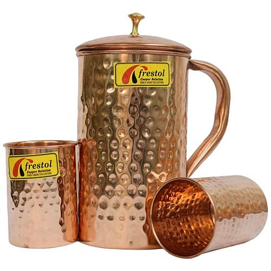 Frestol Copper Water Jug With Glass Set - Hammered