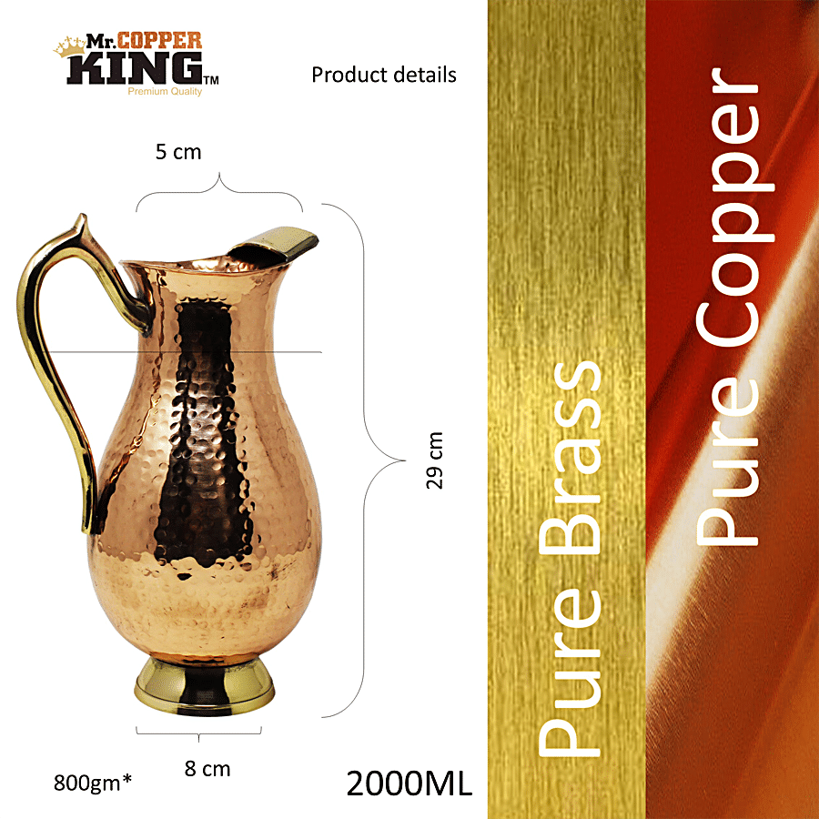 Mr. Copper King Pure Copper Mughlai Handicraft Water Jug - With Brass Finishing