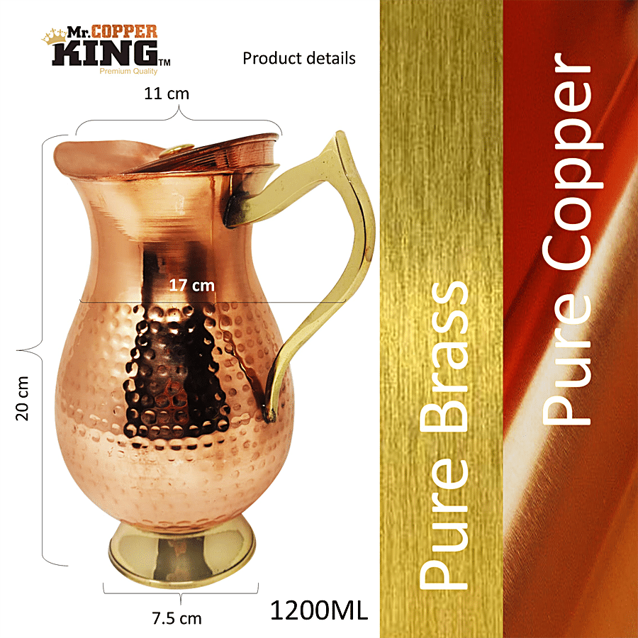 Mr. Copper King Pure Copper Mughlai Handicraft Water Jug With Lid - Brass Finishing