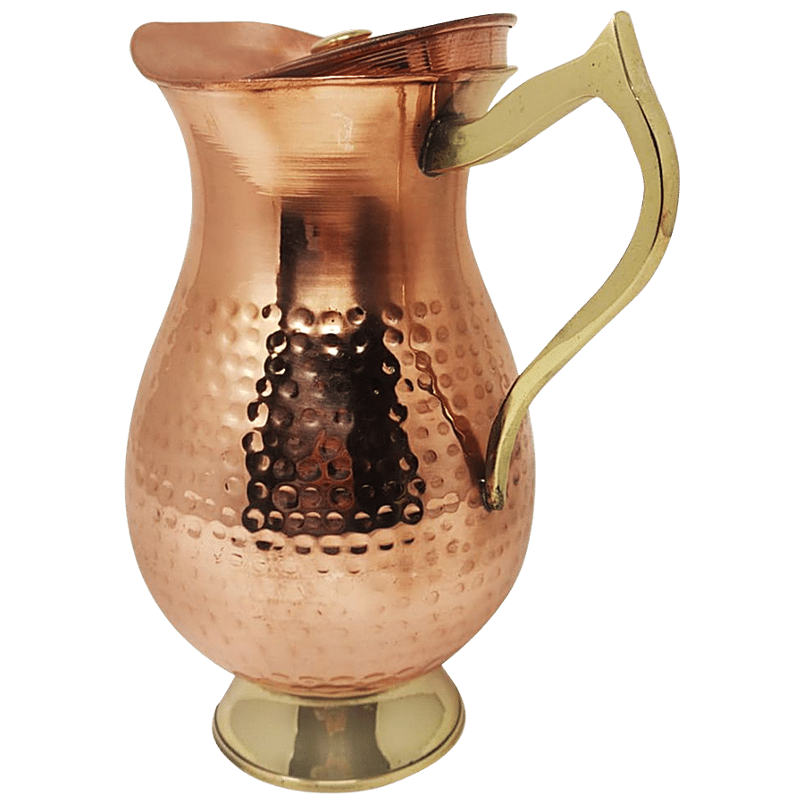 Mr. Copper King Pure Copper Mughlai Handicraft Water Jug With Lid - Brass Finishing