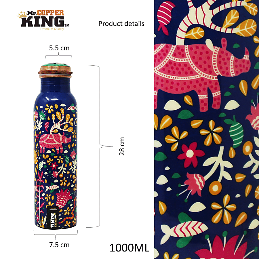 Mr. Copper King Pure Copper Water Bottle - Meena Blue Flower Printed