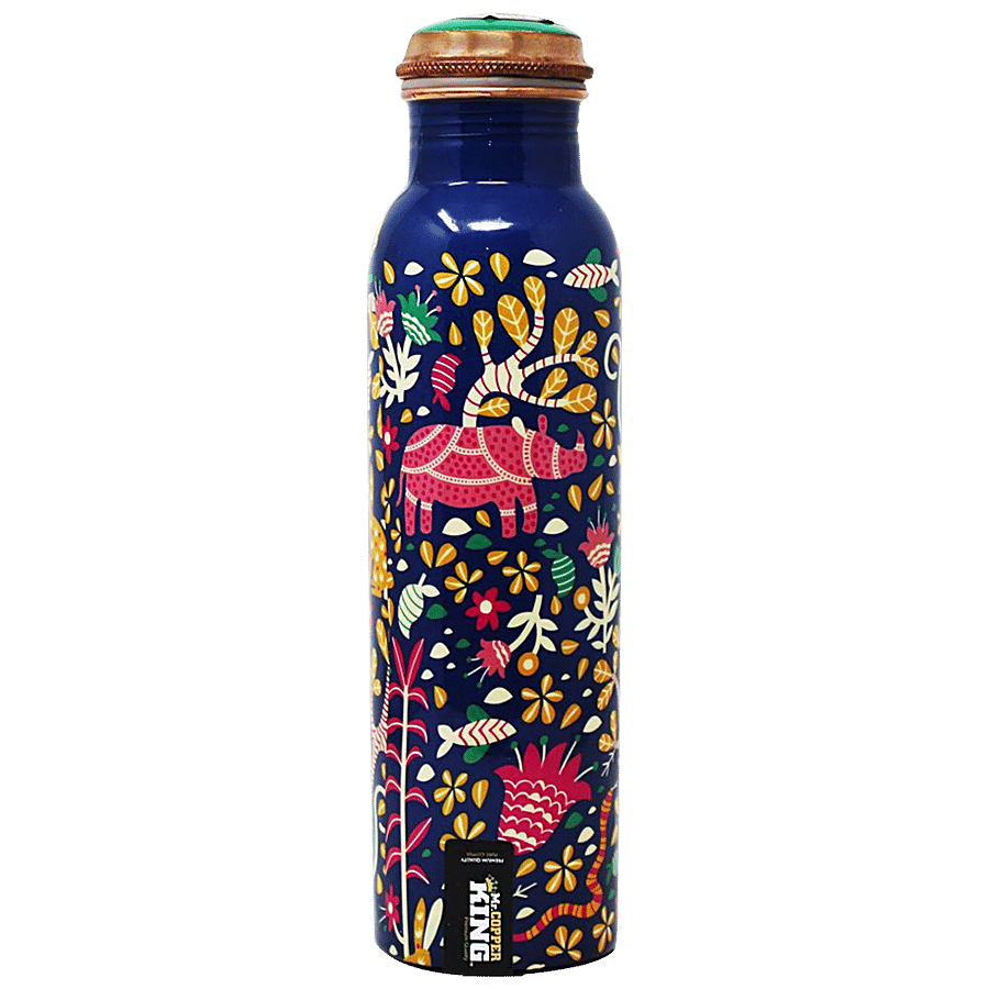 Mr. Copper King Pure Copper Water Bottle - Meena Blue Flower Printed