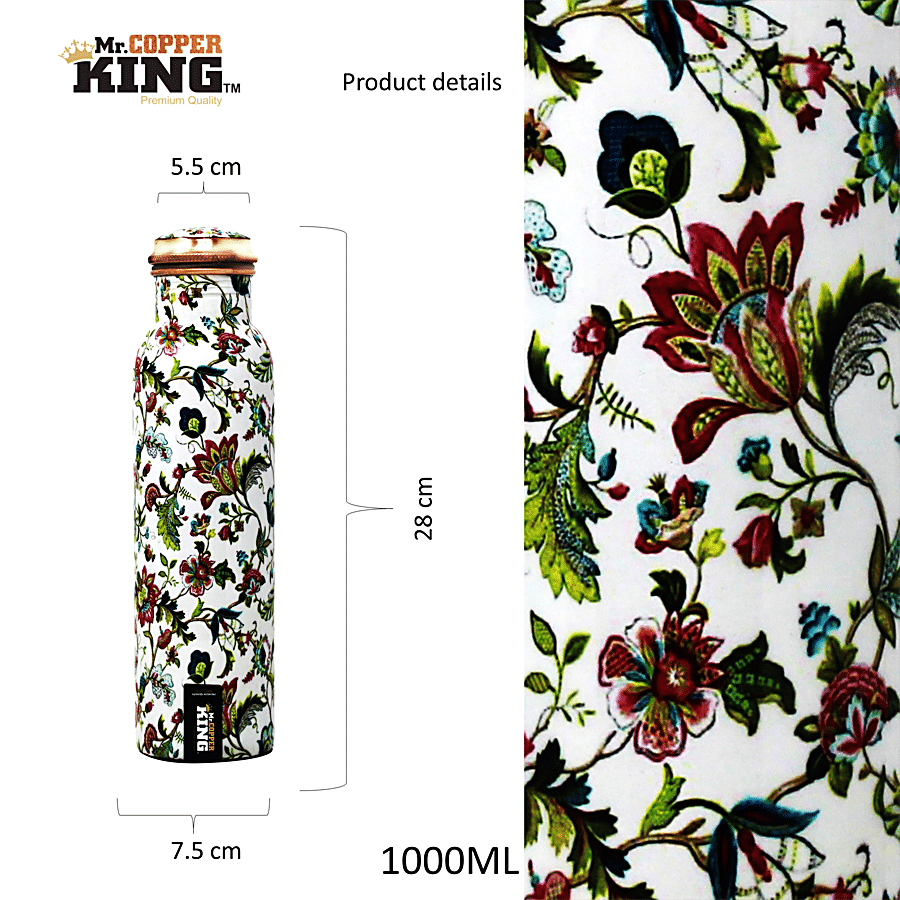 Mr. Copper King Pure Copper Water Bottle - Meena White Flower Printed