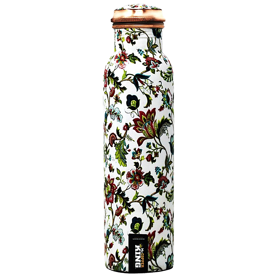 Mr. Copper King Pure Copper Water Bottle - Meena White Flower Printed