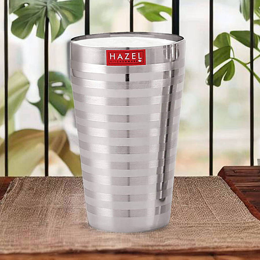 HAZEL Stainless Steel Jumbo Water/Lassi Glass - Stripped Design