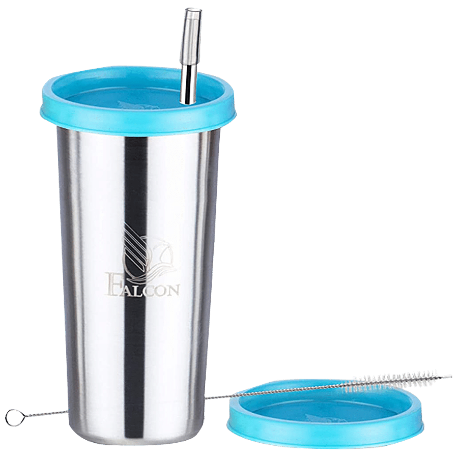 PddFalcon Sipper Straw Glass - With Brush & Blue Lid