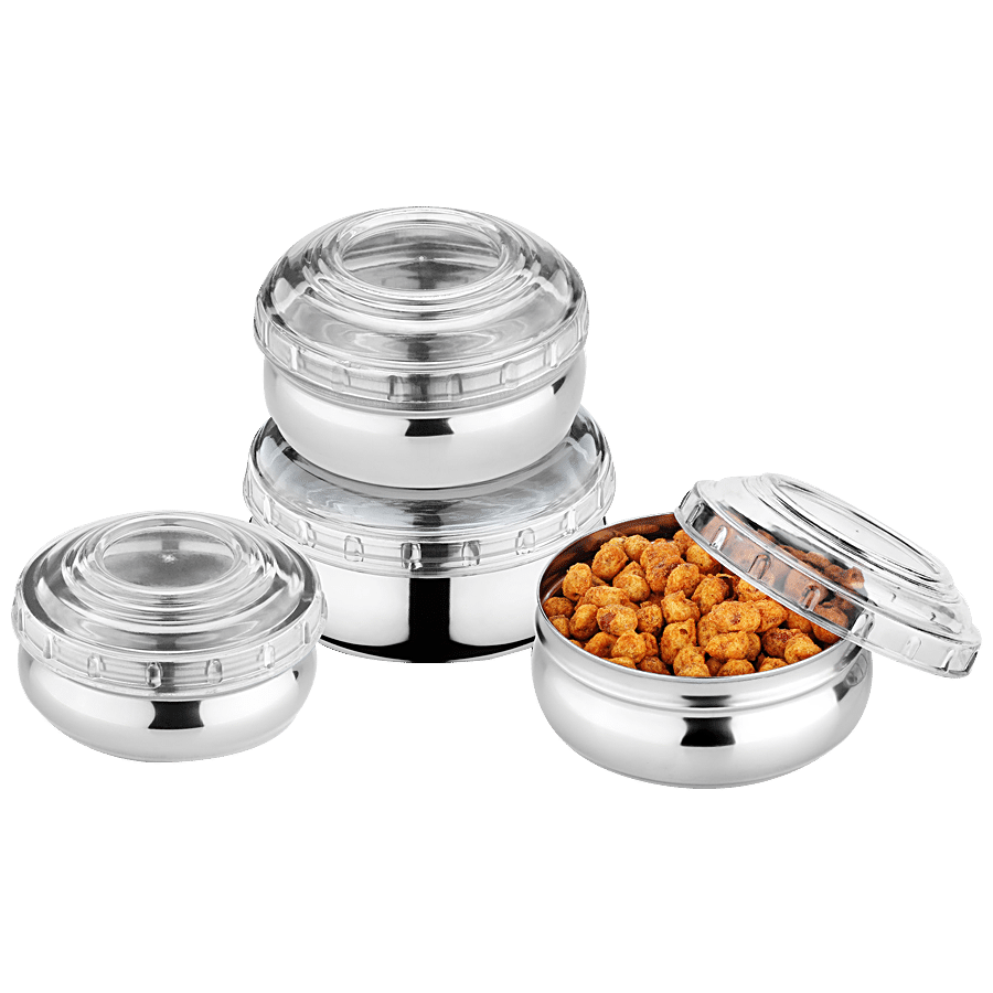 Jensons Steel Belly Shape Storage Dabba/ Container Set With PP Lid - Silver & White