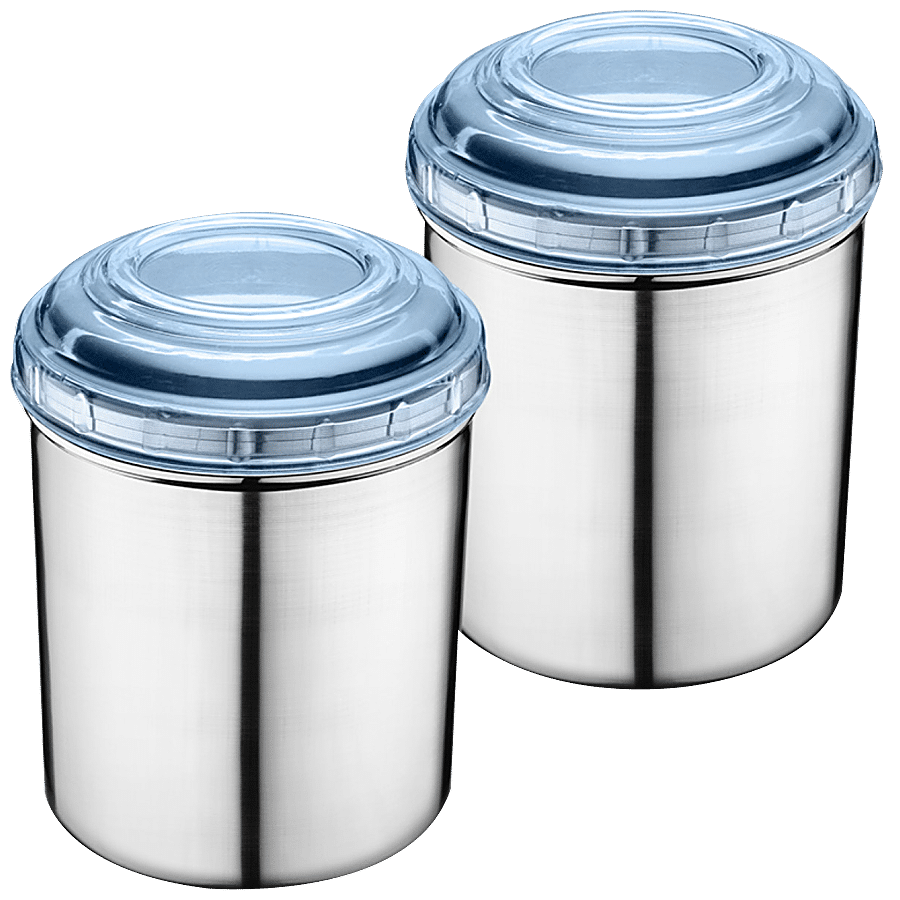 Jensons Steel Storage Deep Dabba/ Container Set With PP Lid - Silver & Blue