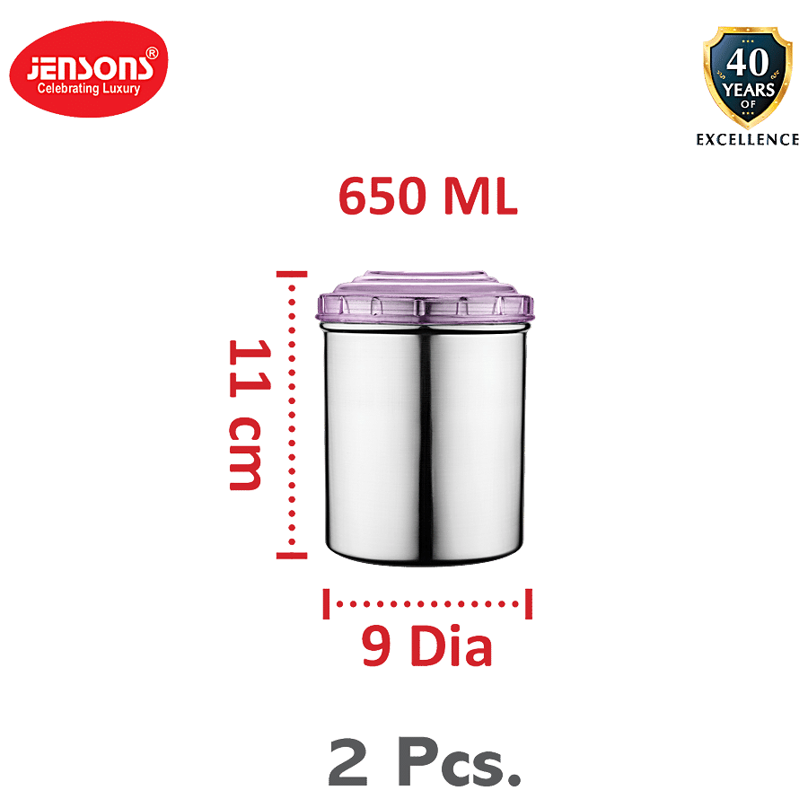 Jensons Steel Storage Deep Dabba-Container Set With PP Lid - Silver & Purple