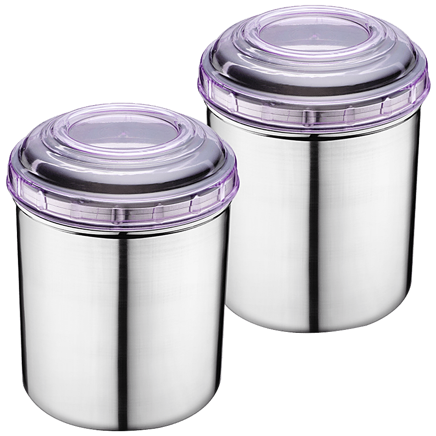 Jensons Steel Storage Deep Dabba-Container Set With PP Lid - Silver & Purple