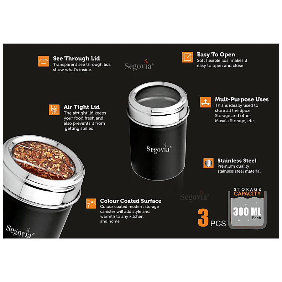 Segovia Stainless Steel Top See Through Spice/Masala Jar - Black