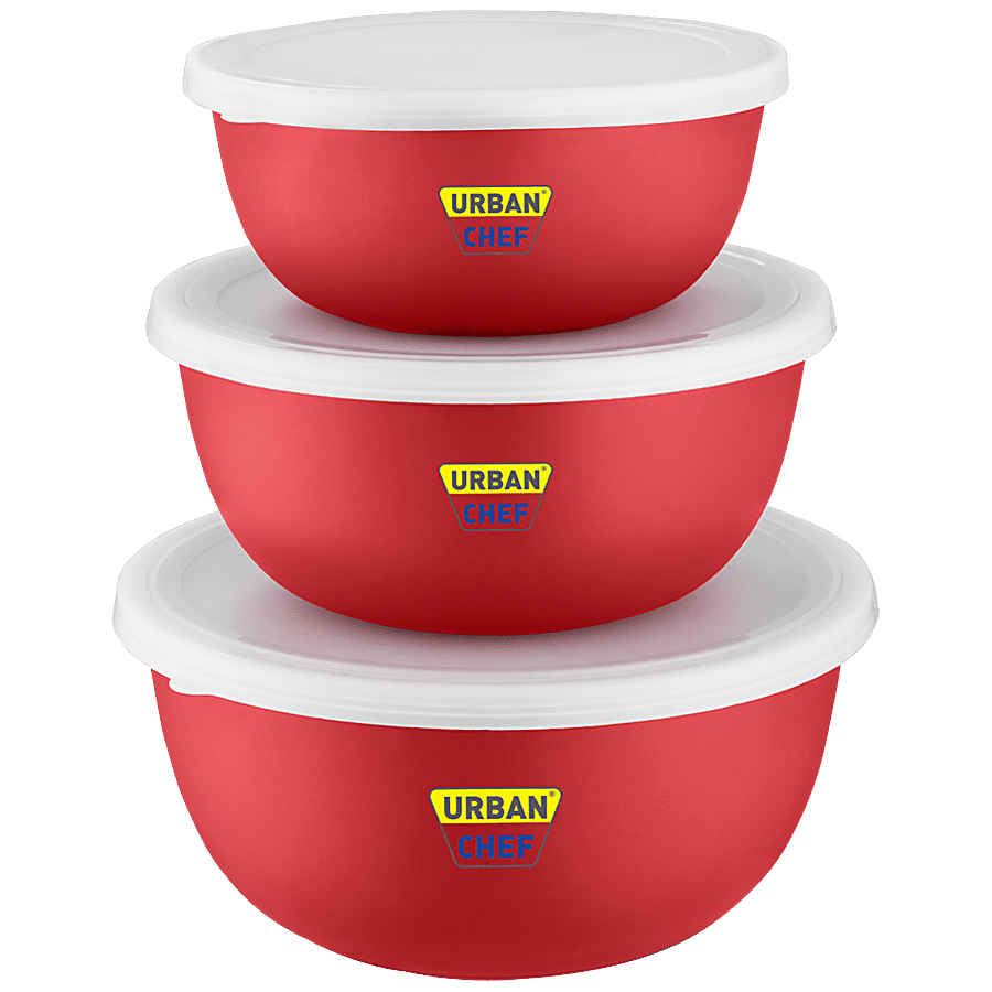 Urban Chef Stainless Steel Microwave Safe Bowl Set With PP Lid - Red