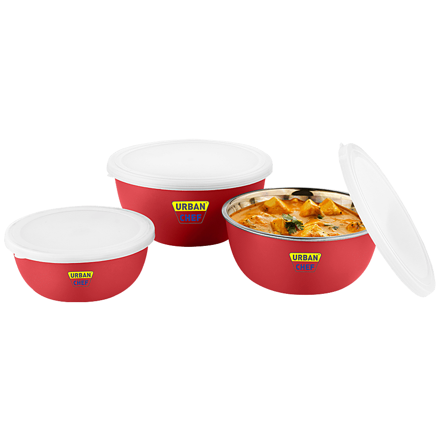 Urban Chef Stainless Steel Microwave Safe Bowl Set With PP Lid - Red