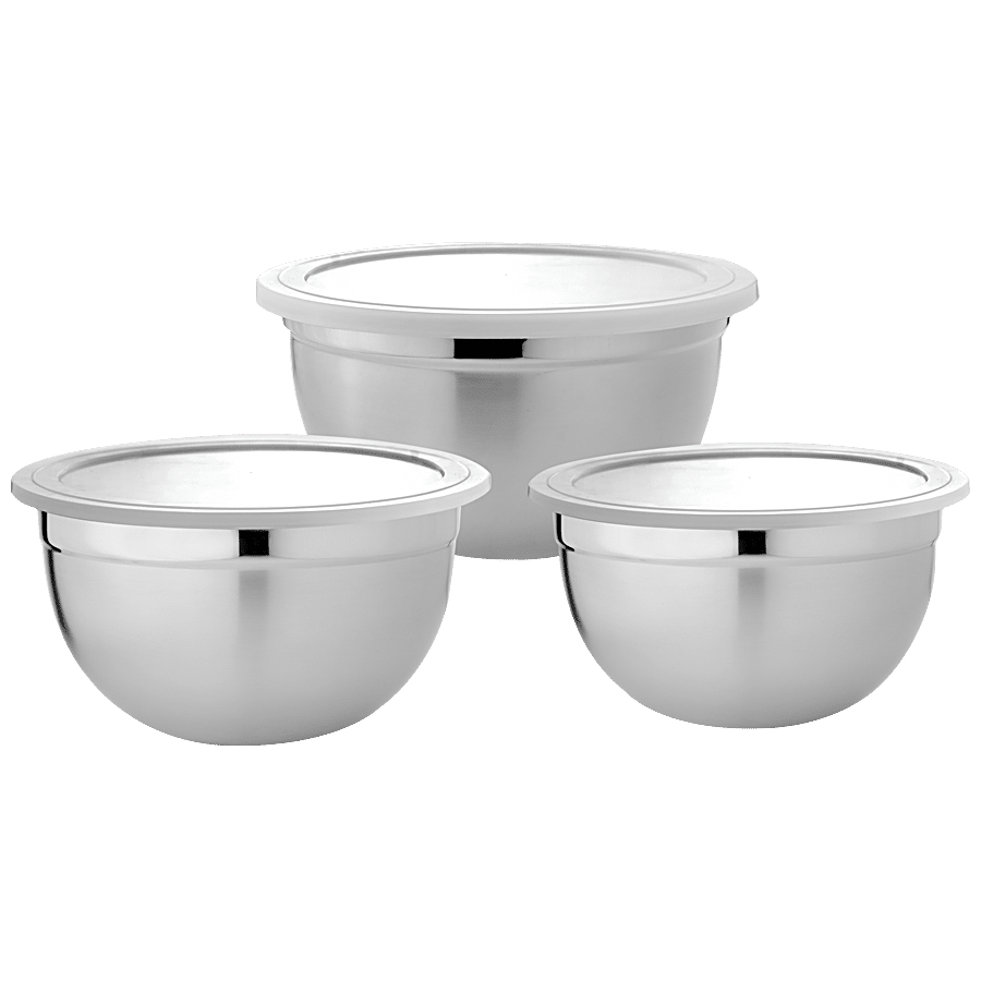 Vinayak Steel Storage Mirror Finish Bowl Set With PP Lid - Plain