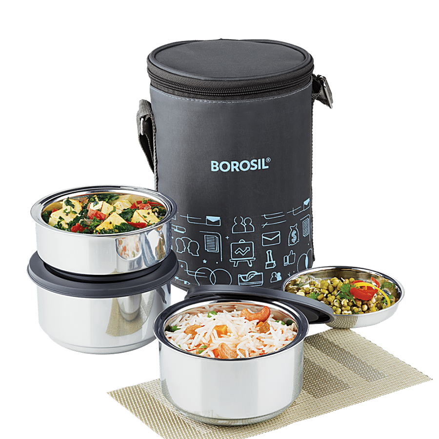 Borosil Carry Fresh Stainless Steel Lunch Box/Tiffin Box Insulated - Blue/Black