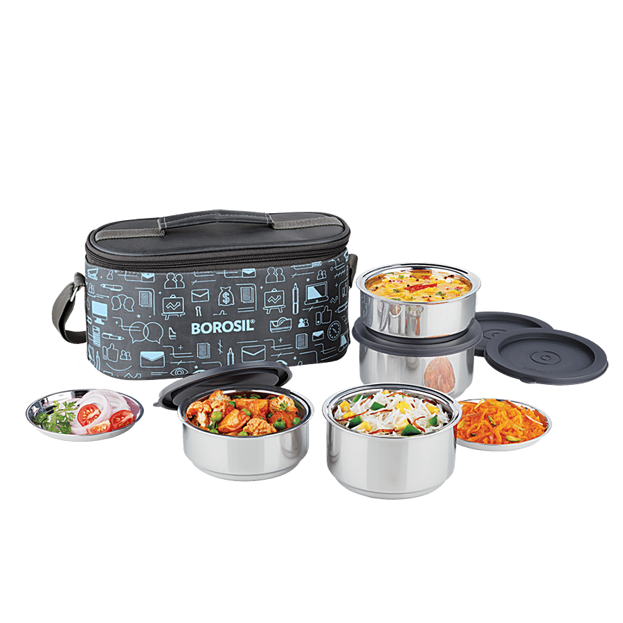 Borosil Carry Fresh Stainless Steel Lunch Box/Tiffin Box Insulated - Blue/Grey