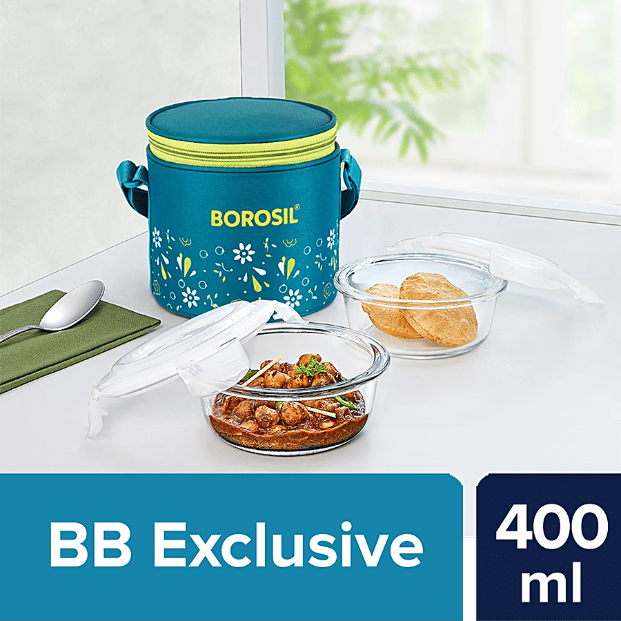 Borosil Grace Round Transparent Glass Tiffin Box With Vertical Green Bag