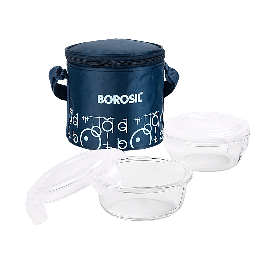 Borosil Grace Round Transparent Glass Tiffin Box With Vertical Navy Blue Bag