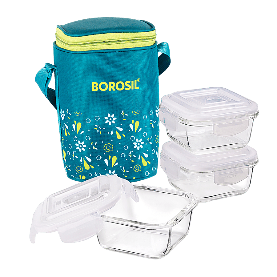 Borosil Grace Square Transparent Glass Tiffin Box With Green Bag