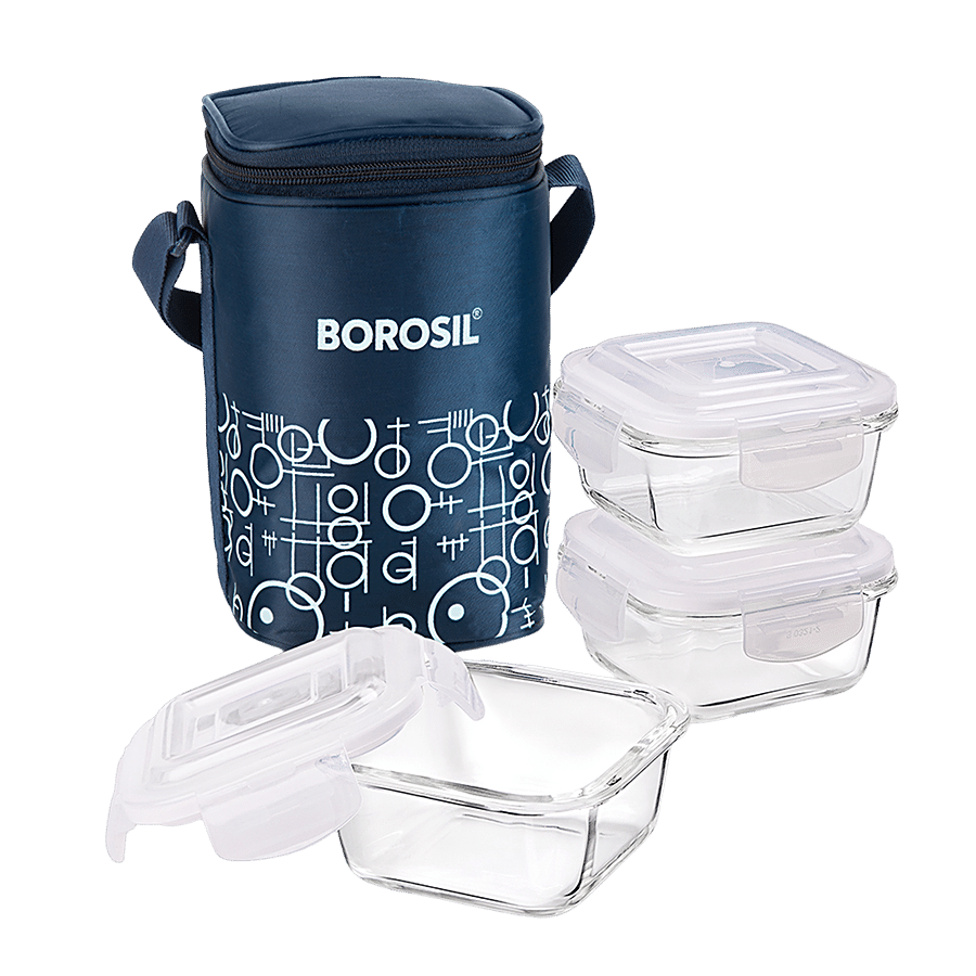 Borosil Grace Square Transparent Glass Tiffin Box With Navy Blue Bag