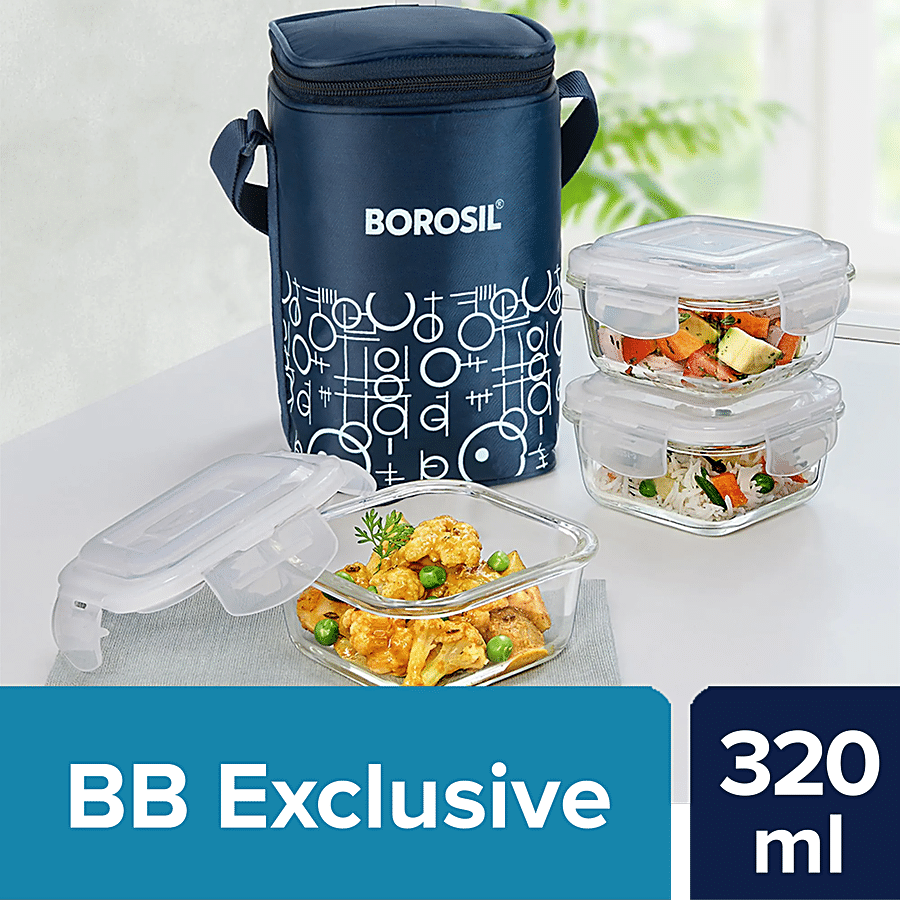 Borosil Grace Square Transparent Glass Tiffin Box With Navy Blue Bag