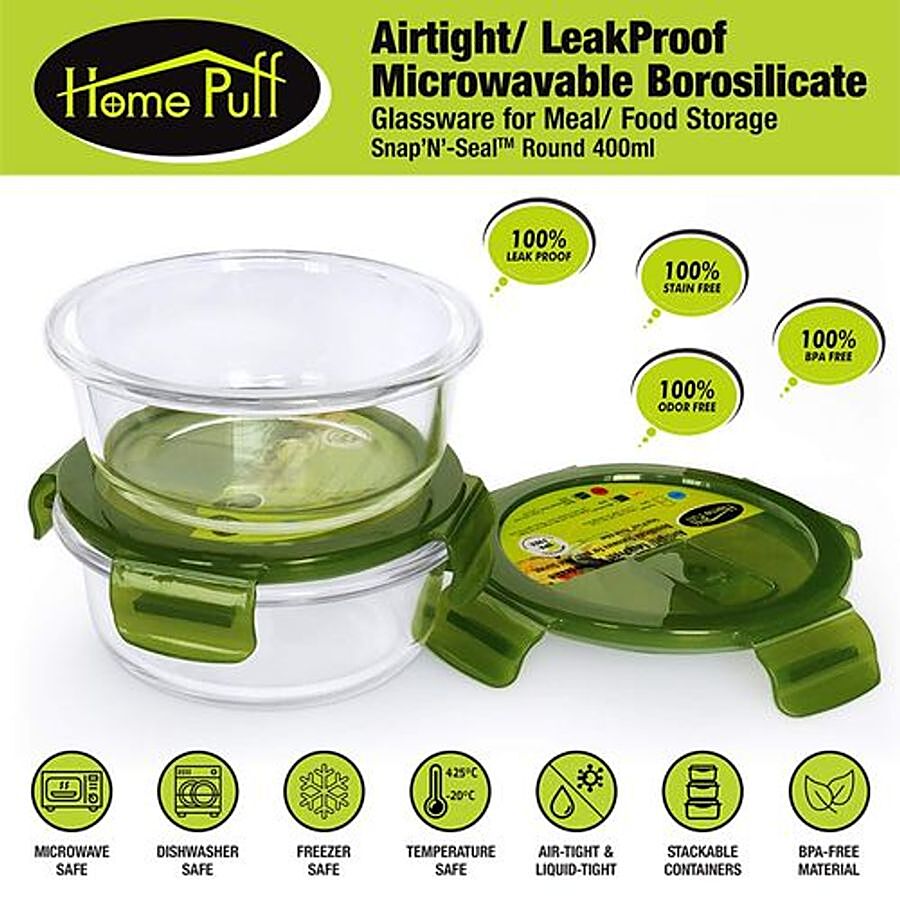 Home Puff Borosilicate Glass Lunch Box/Tiffin Box Round - Microwavable