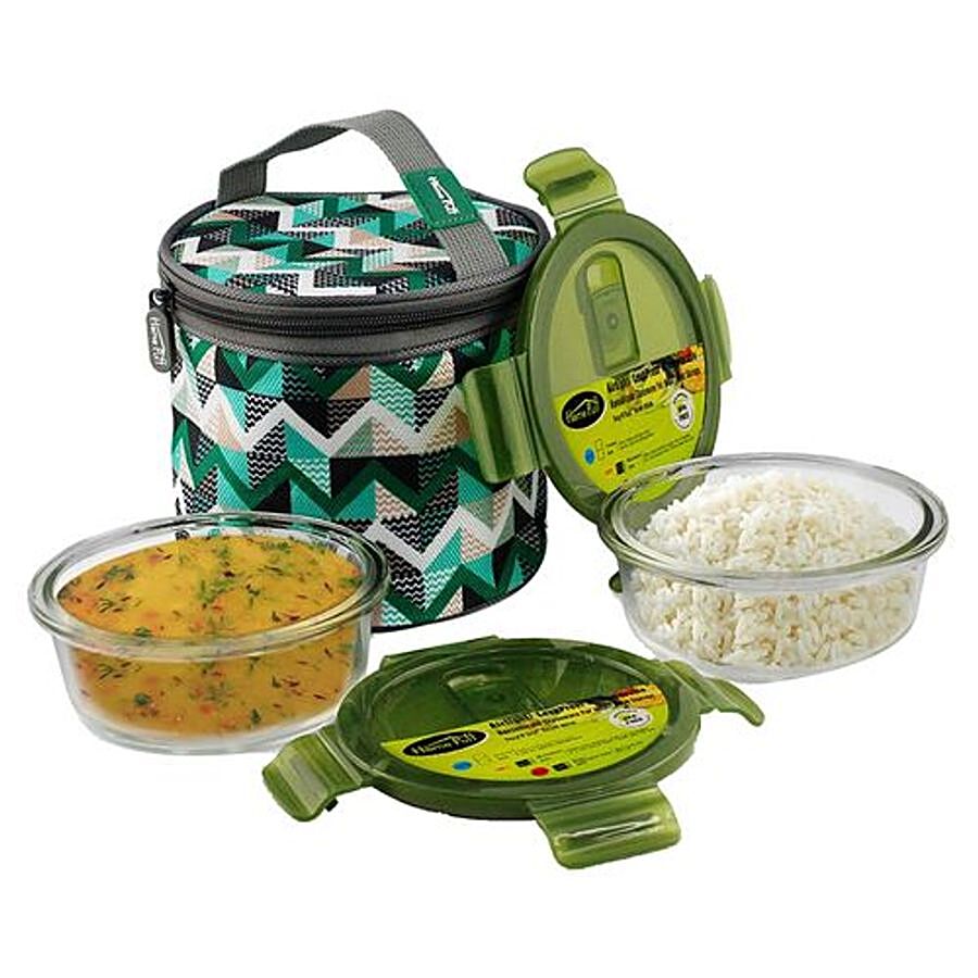 Home Puff Borosilicate Glass Lunch Box/Tiffin Box Round - Microwavable