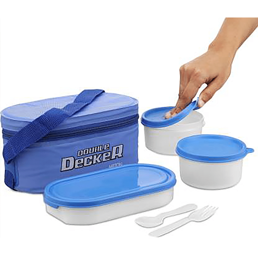 Milton Double Decker Plastic Lunch/Tiffin Box With Containers & Cover - Blue