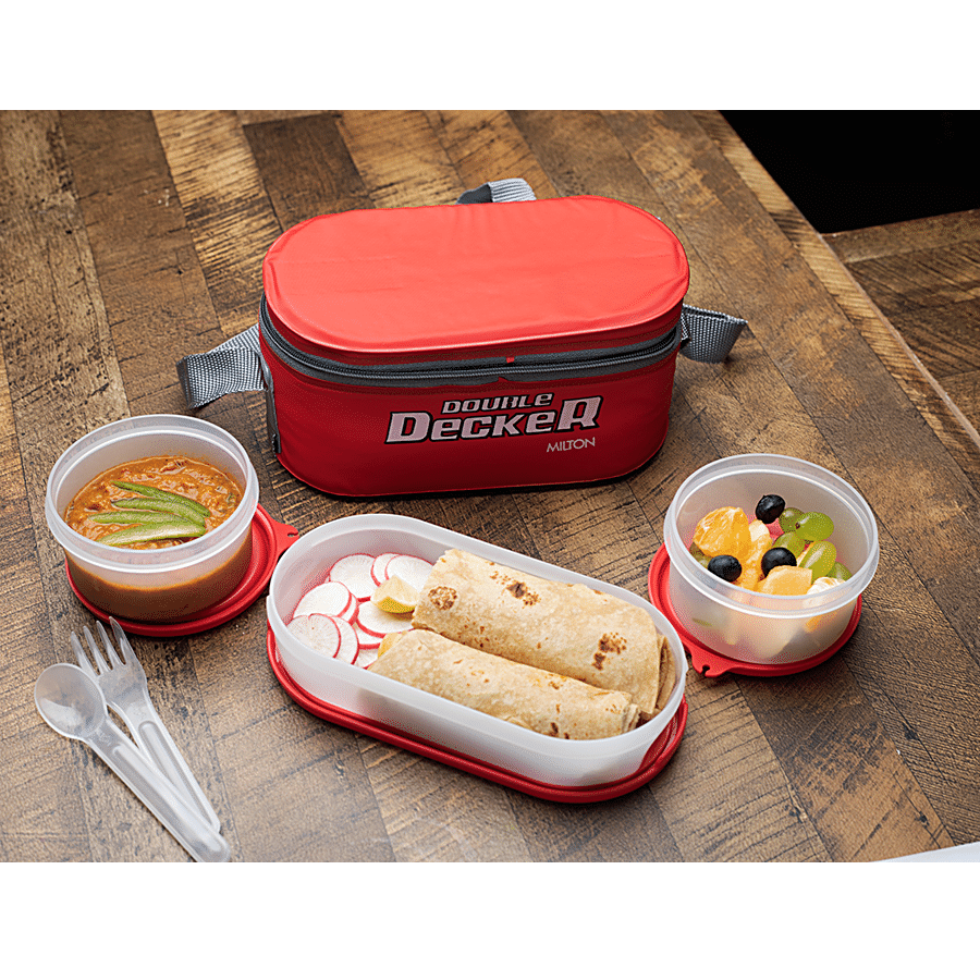 Milton Double Decker Plastic Lunch/Tiffin Box With Containers & Cover - Red