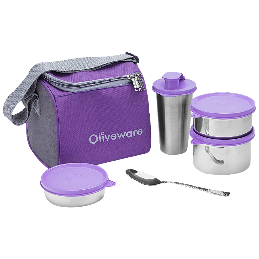 Oliveware Milano Lunch Containers With Steel Spoon & Bag Dist - Air-Tight