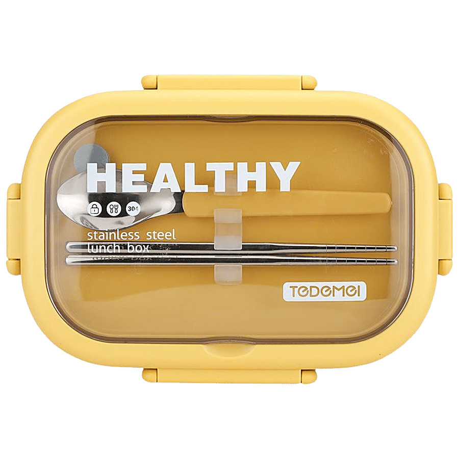 Tedemei Lunch Box 2 Compartment Transparent Cover - Yellow & Blue Colour