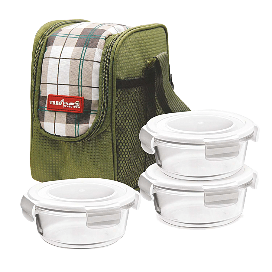 Treo Health First Round Glass Tiffin Set - With Olive Green Bag