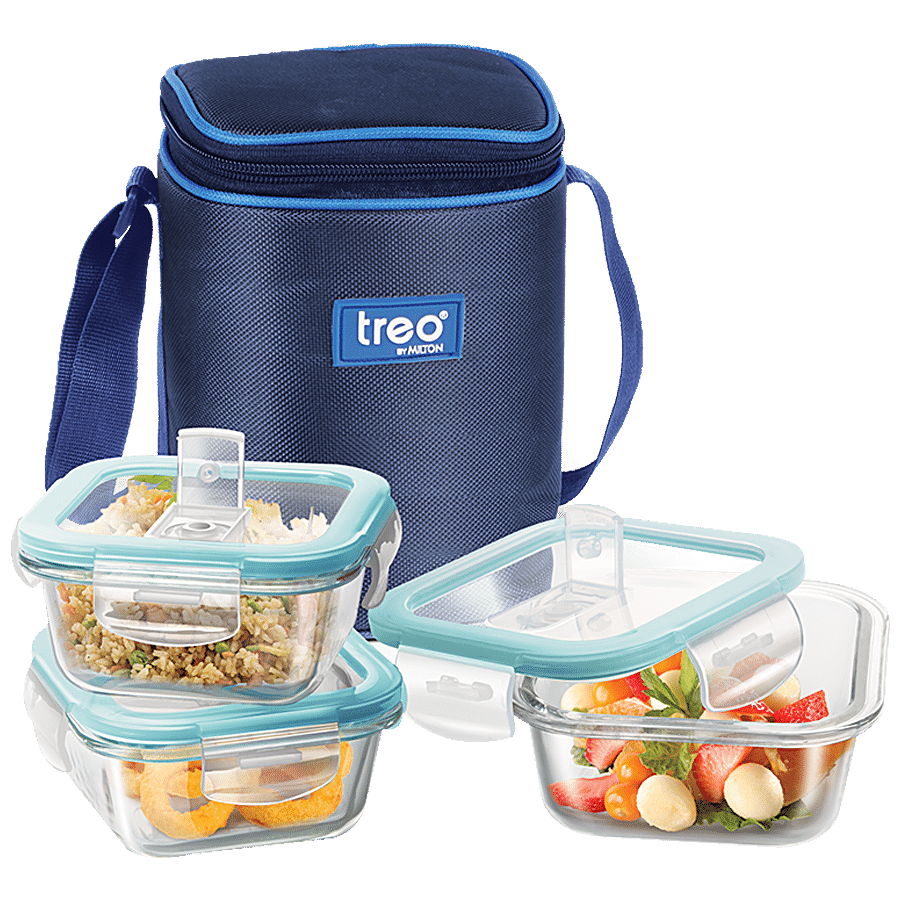 Treo Lunch Box - All Fresh Square Glass Tiffin Containers With Jacket