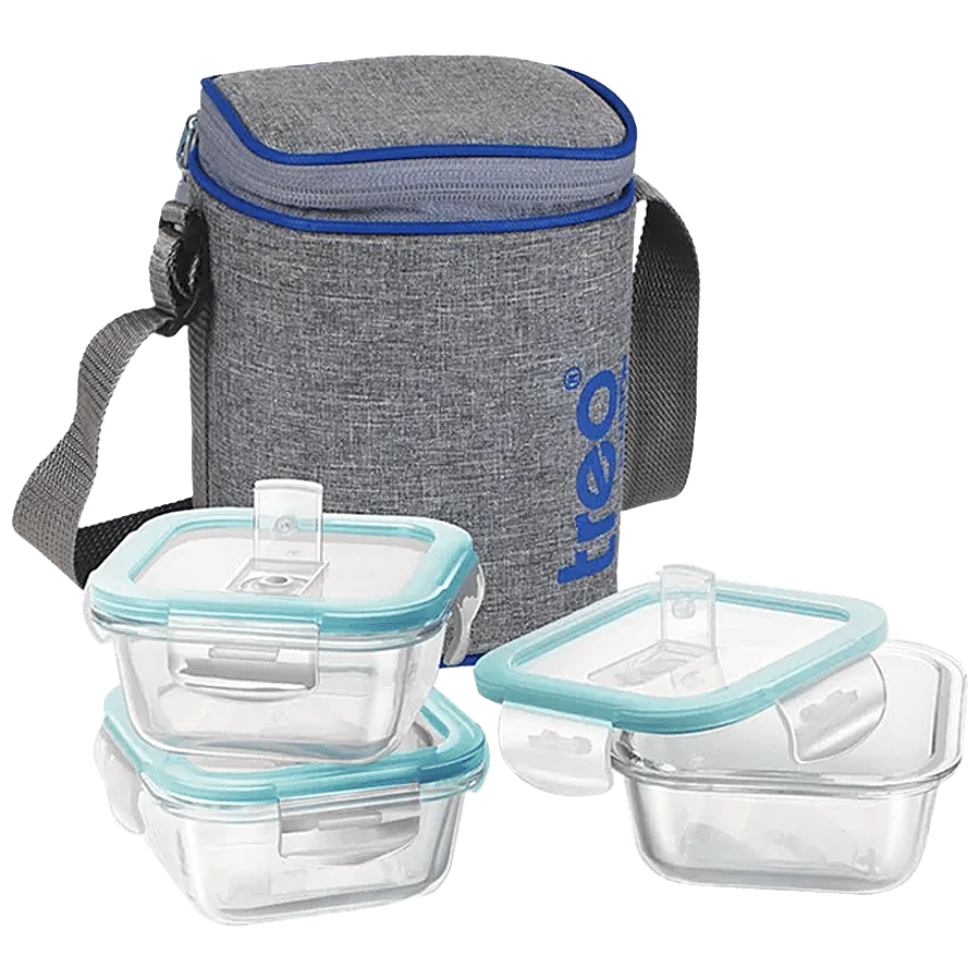 Treo Lunch Box - All Fresh Square Glass Tiffin Containers With Jacket