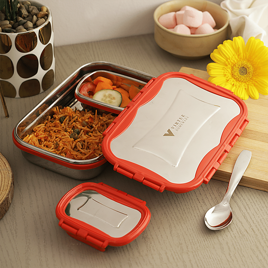 Virtue Signature Stainless Steel Lunch Box Jumbo With Spoon - Red