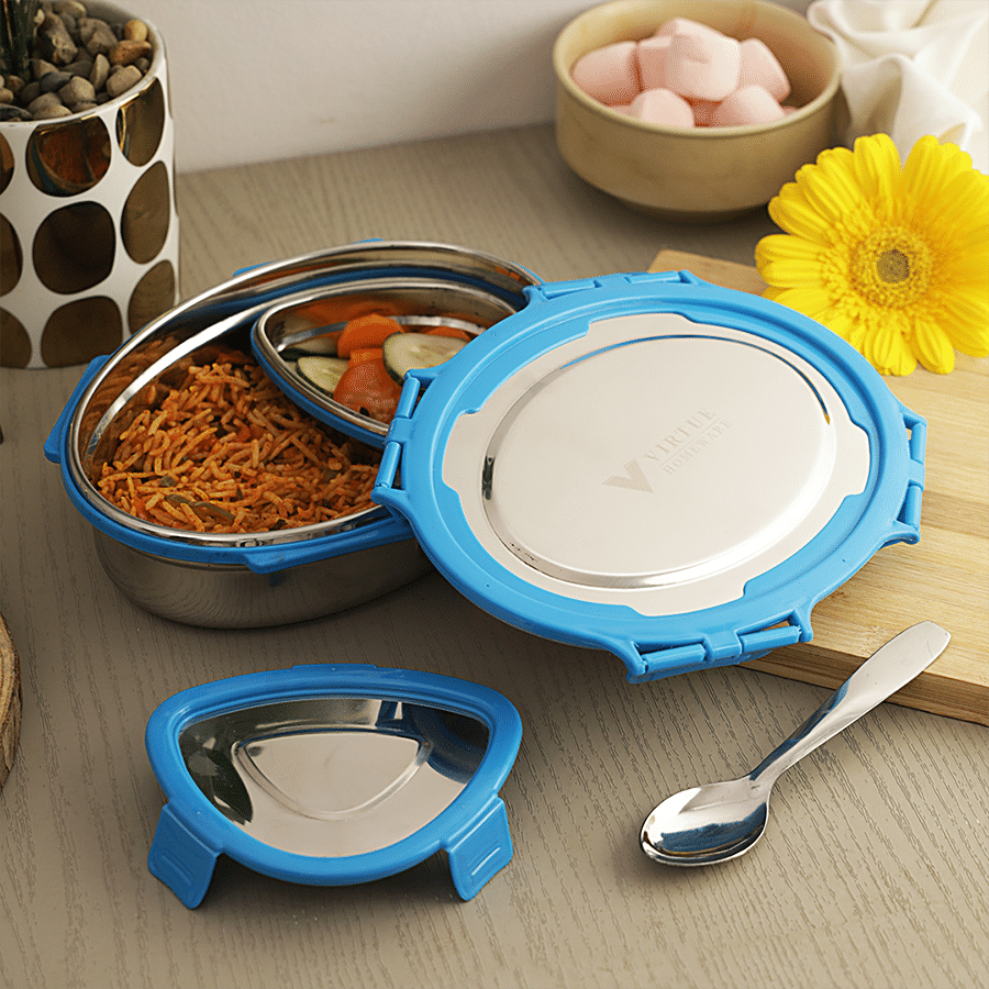 Virtue Steel Mate Oval Stainless Steel Lunch Box With Spoon - Blue