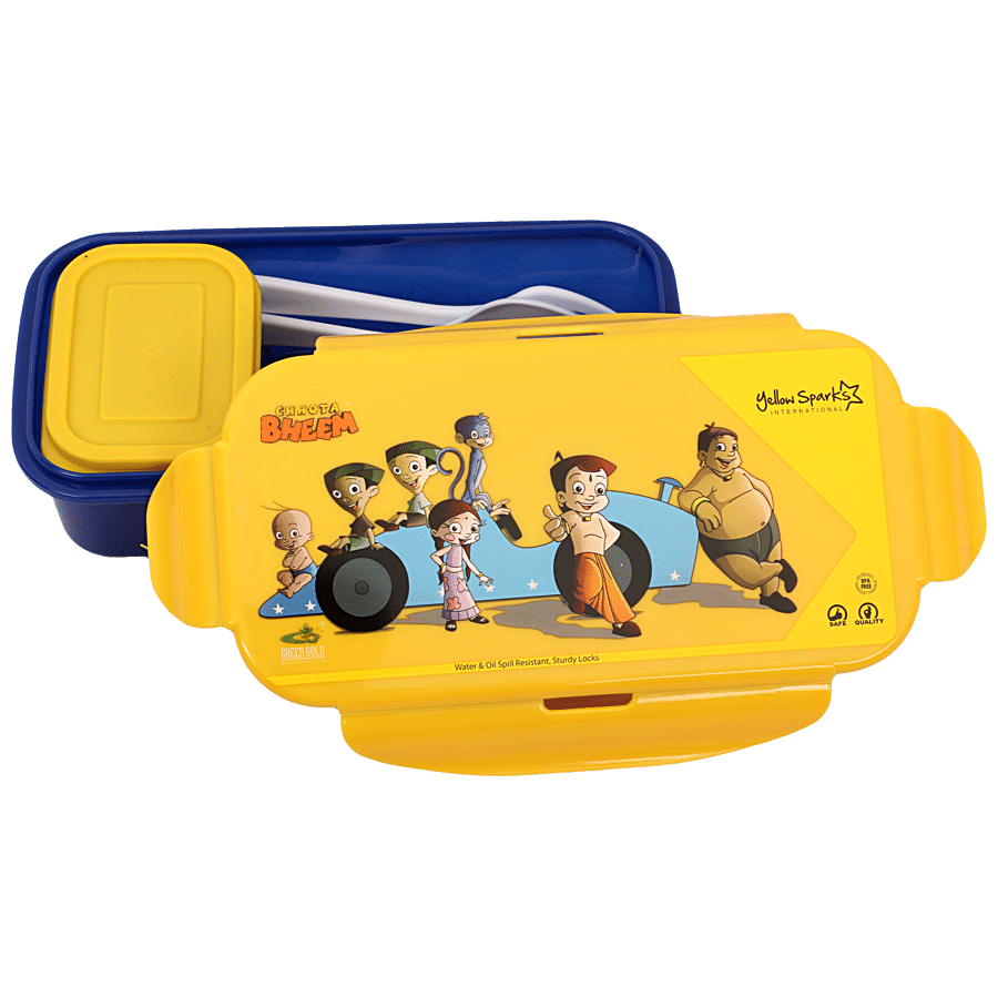 Yellow Spark Chota Bheem Frankie Style Long Plastic Lunch Box - With Container