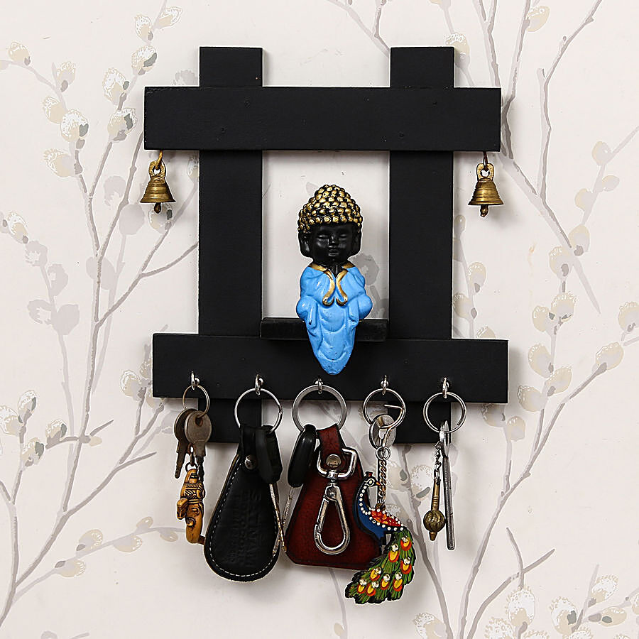 eCraftIndia Peaceful Buddha Sitting Wooden Keyholder With 5 Key Knobs