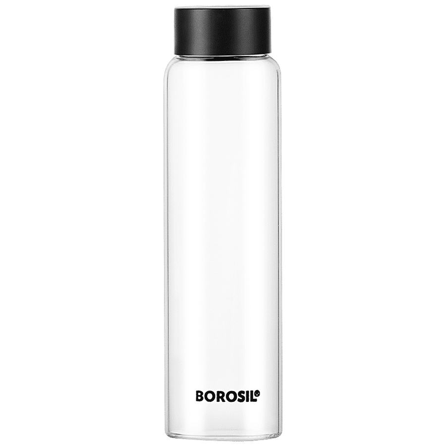 Borosil Crysto Glass Bottle - Black Stainless Steel Lid