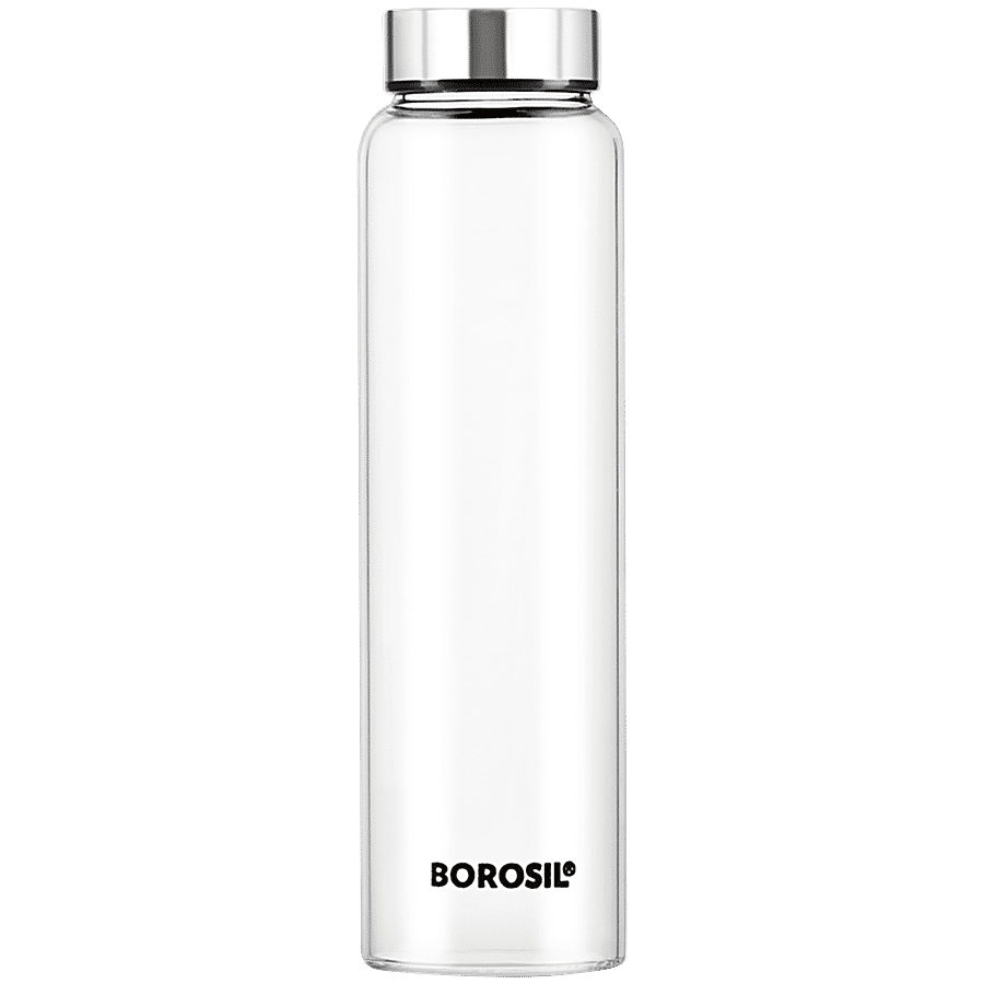 Borosil Crysto Glass Bottle - Silver Stainless Steel Lid