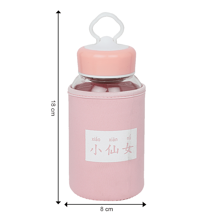 DP Glass Water Bottle With Cover - Pink